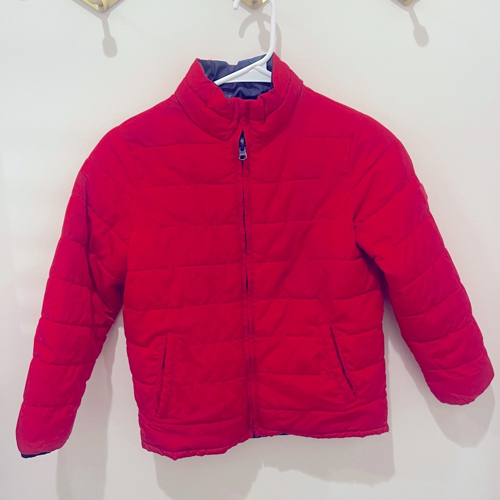 Gap, Red/Blue Camo Reversible Puffer Coat W/ High Neck & Pockets Size 5/6